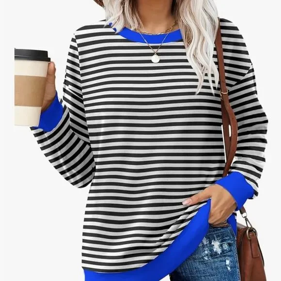 ⚫ New Black & White Striped Long Sleeve Top w/ Blue Trim – Size Large - Picture 3 of 6